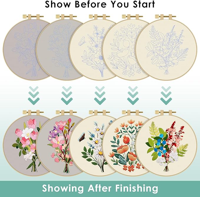 ERKOON 5 Sets Embroidery Kit for Beginners, Butterfly Cross Stitch Set for Include Embroidery Cloth Hoops Threads for Craft Lover Hand Stitch (Bouquet)