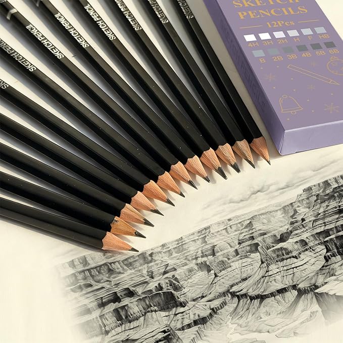 sufly sketch book and pencils set, sketching kit complete with 9x12 sketch book,4x6 watercolor postcards,graphite pencils (12b-4h), charcoal pencils (hard, medium, soft), sketching supplies.