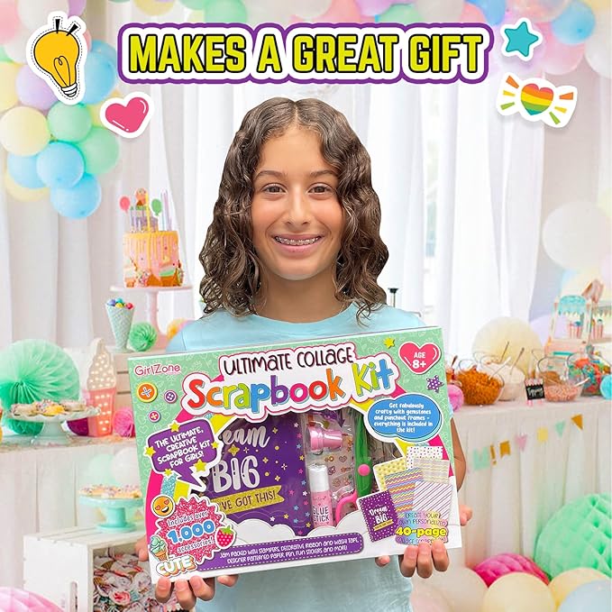 girlzone ultimate collage scrapbook kit, includes scrapbook stickers and fun scrapbook accessories to make an amazing 40-page photo album scrapbook, perfect for valentine and easter gifts