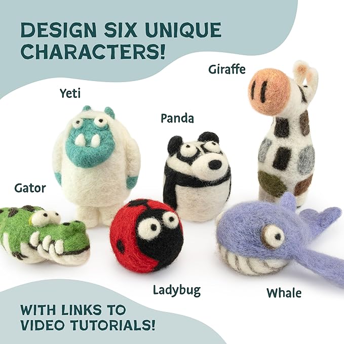 Woolbuddy Needle Felting Starter Kit –Make 6 Cute Characters(Yeti, Giraffe, Panda, Ladybug, Whale, Gator) – Complete Kit for Beginners & Adults with Wool Roving,Felting Needles,Pad & Instruction Guide