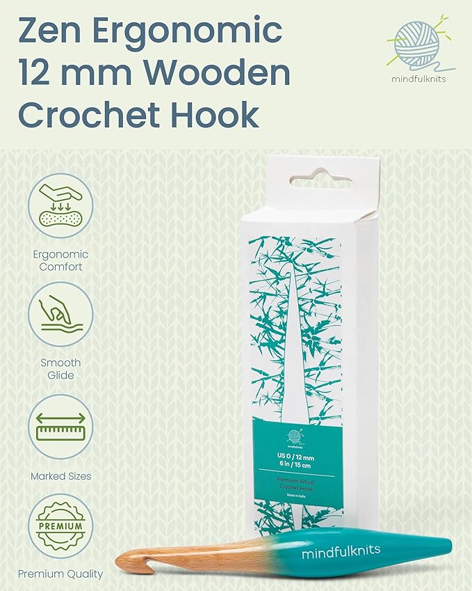 mindfulknits Premium Ergonomic Beech Wood Crochet Hook – Size US O, 12mm – 15cm Length – Wooden Crochet Hook - Knitting & Crochet Supplies for Crafting Relaxation & Stress Relief (12mm)
