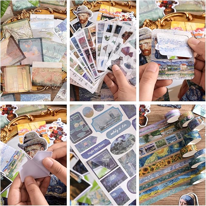 Scrapbooking Supplies Kit, Monet Van Gogh Oil Painting Theme Scrapbook Kit for Bullet Junk Journal, 12 Rolls Washi Tape, Stickers Papers for DIY Journaling Supplies, Craft Gift for Women Teenage