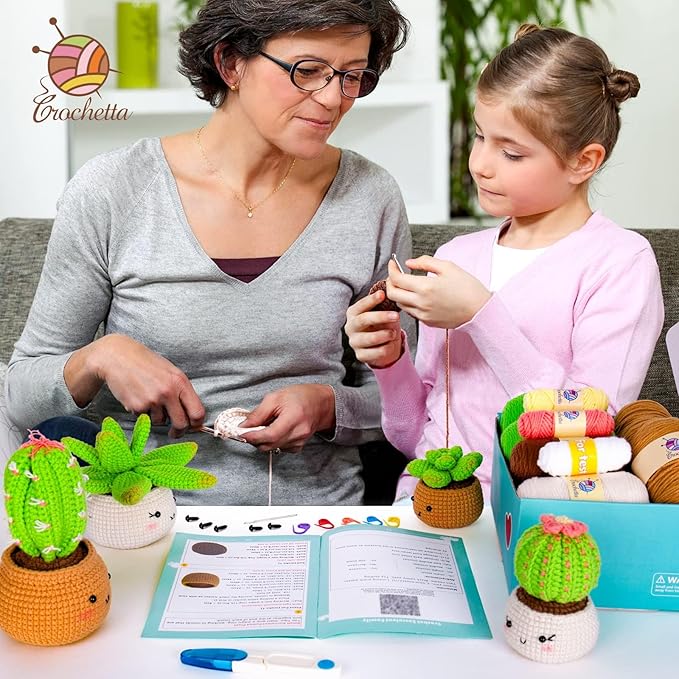 Crochetta Crochet Kit for Beginners - Crochet Starter Kit with Step-by-Step Video Tutorials, Learn to Crochet Kits for Adults and Kids, DIY Knitting Supplies, 4 Pack Plants Family(40%+ Yarn)