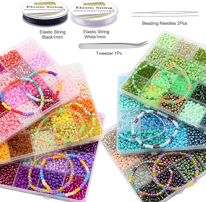 EuTengHao 28800pcs 4mm Multicolor Glass Seed Beads 6/0 for DIY Bracelet Necklaces Crafting Jewelry Making Supplies with Beading Needles Elastic Strings Tweezers (144 Colors, 200Pcs Per Color)