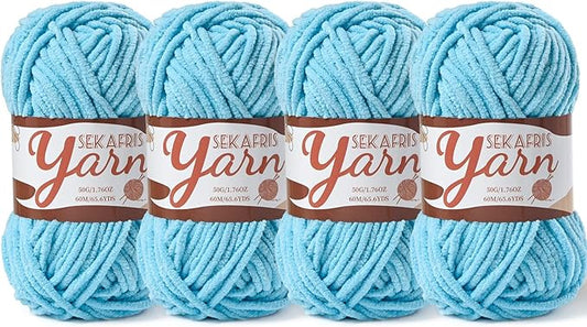 4 Pack Fluffy Velvet Yarn for Crocheting，Baby Blanket Yarn for Crocheting Soft，200g(262.4yds) Amigurumi Yarns，Plush Chenille Crochet Yarns，Puzzle Yarn for Crochet Weaving Craft(4 Azure)