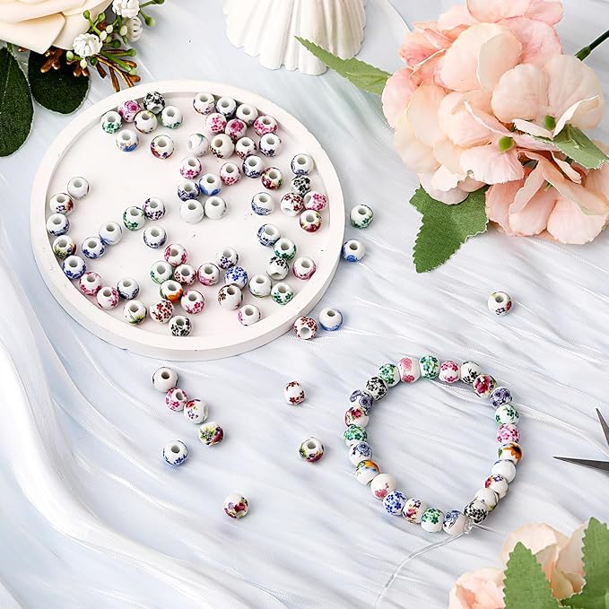 Ceramic Beads, 100 Pcs Round Porcelain Beads 8 mm Multicolor Flower Printed Spacer Beads Handmade Porcelain Craft Beading Kit for Jewelry Making Supplies DIY Crafts Bracelets Necklace