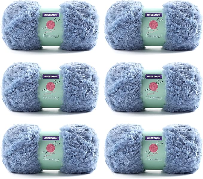 6 Skeins Faux Fur Yarn Soft Fluffy for Crocheting - Chunky Fuzzy Yarn for Crochet Amigurumi, Hat, Shawls, Total Length (71x6) Yards (Blue Gray)