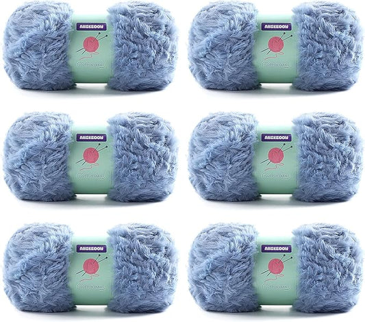 6 Skeins Faux Fur Yarn Soft Fluffy for Crocheting - Chunky Fuzzy Yarn for Crochet Amigurumi, Hat, Shawls, Total Length (71x6) Yards (Blue Gray)