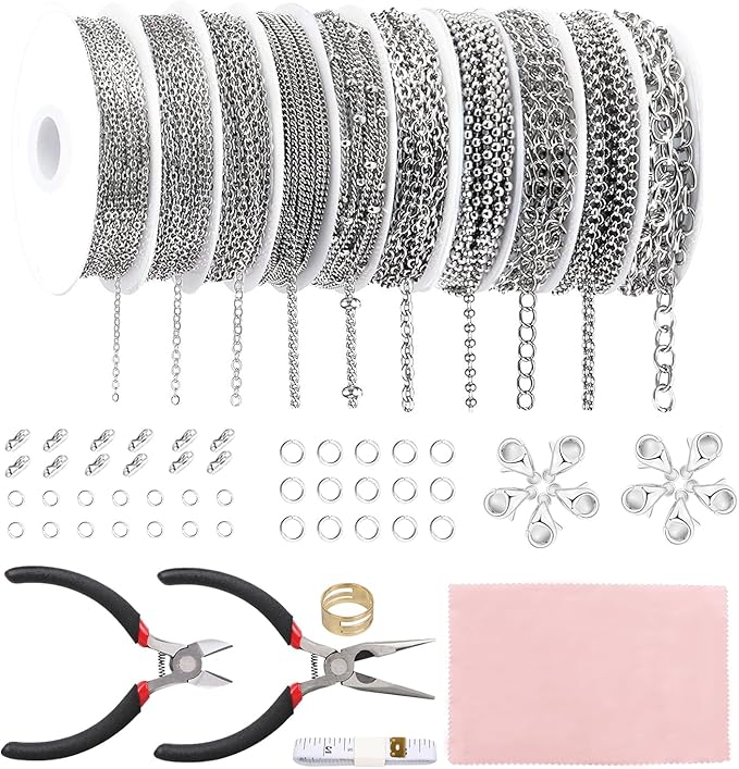 Fesorsi Silver Chain for Jewelry Making, 78.5ft 10 Style Steel Jewelry Chain, Electroplating Process, for DIY Necklace Chains, Tassel Pendants, with Jump Ring, Lobster Clasp, Pliers