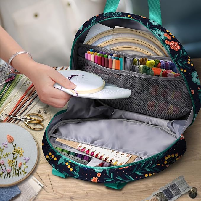 FINPAC Embroidery Project Bag, Embroidery Supplies Storage Carrying Tote Case with Multiple Pockets for Floss, Hoops, Thread, Stitch Tools Kit [Bag Only], Navy Bloom