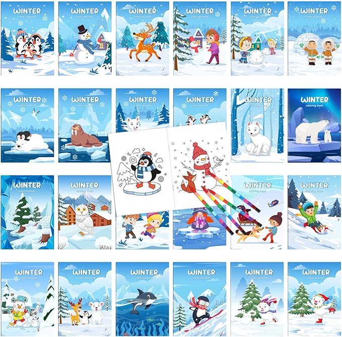 Liliful 24 Pcs Winter Coloring Book Bulk for Kids Winter Party Favors DIY Drawing Book with Polar Animals Patterns Small Activity Books Holiday Theme Birthday Goodie Bags