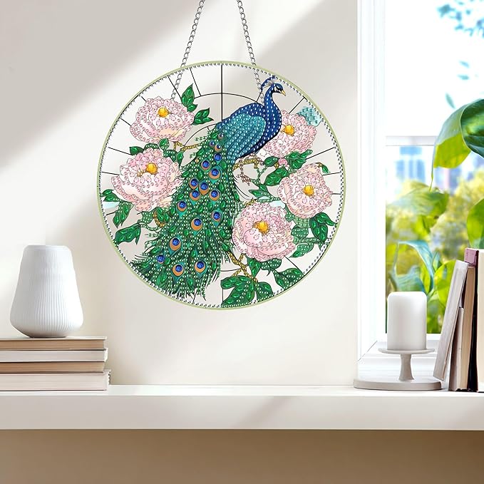 Wergund 5D DIY Peacock Diamond Art Hanging Kits, Hanging Diamond Art Bird, Acrylic Special Shaped Rhinestone, Window Hanging Pendants for Home Wall Garden Front Door Outdoor Decor Gift(Peacock)