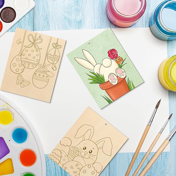 COCHIE 10 Pieces Large Easter Unfinished Wood Crafts to Paint for Adults, Bulk Predrilled Wooden Ornaments for Painting, Bunny Duck Eggs Paintable Wood Slices Craft Supplies with Ropes