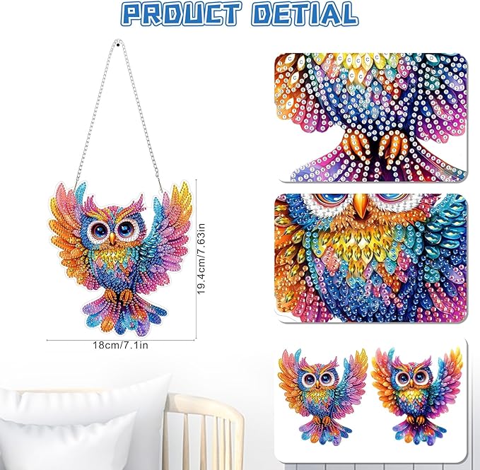 KEYIFA Diamond Painting Kit, DIY Colorful Owl Diamond Art Hanging for Adults Beginner, Bird Gem Arts Pendant Special Shaped Rhinestone Window Ornaments Wall Door Garden Decoration Gift, Double Sided
