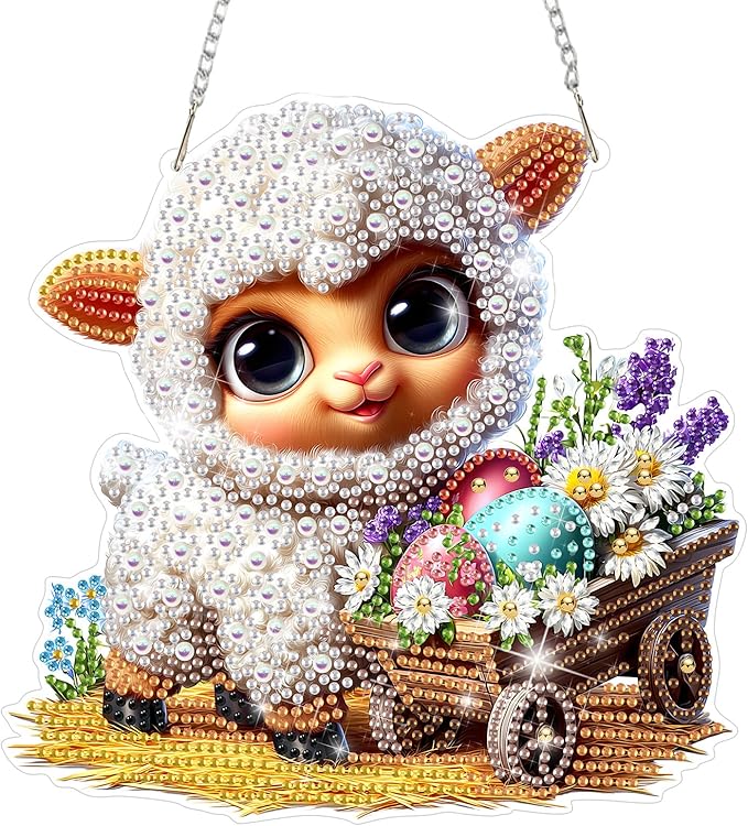DOMROM Sheep Diamond Art Hanging Kits for Adults, Easter Special Shaped Crystal Diamond Painting Sheep Pendant, DIY Diamond Art Suncatchers Animal for Home Garden Wall Decor Gift