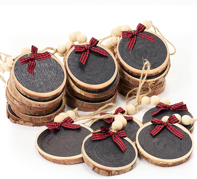 Sawysine 36 Pcs Wooden Christmas Ornament 2.8 to 3.2 Inch Craft Wooden Kit Natural Wood Slices with Round Natural Wood Beads and Buffalo Plaid Bow for Arts and Crafts Christmas Ornaments(Black)