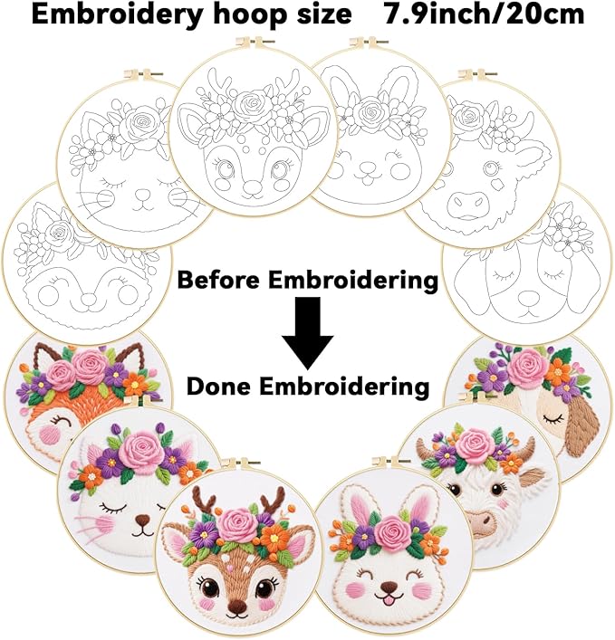 ORIGACH 6 Pack Animals & Floral Crown Embroidery Kits for Beginners, DIY Starter Hand Embroidery Kit with Floral and Dog Rabbit Fox Patterns and Instructions for Adults Women Crafting