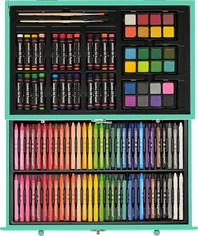 Sunnyglade 145 Piece Deluxe Art Set, Wooden Art Box & Drawing Kit with Crayons, Oil Pastels, Colored Pencils, Watercolor Cakes, Sketch Pencils, Paint Brush, Sharpener, Eraser, Color Chart (Green)