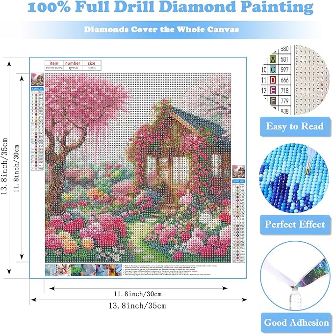 House Flower Diamond Art Kits for Adults, Pink Flower Diamond Painting for Beginners, 5D Diamond Dot, Dimond Art Paintings Kit, Gem Painting Kit, Crafts for Adults, Home Wall Decor Gifts (14x14inch)