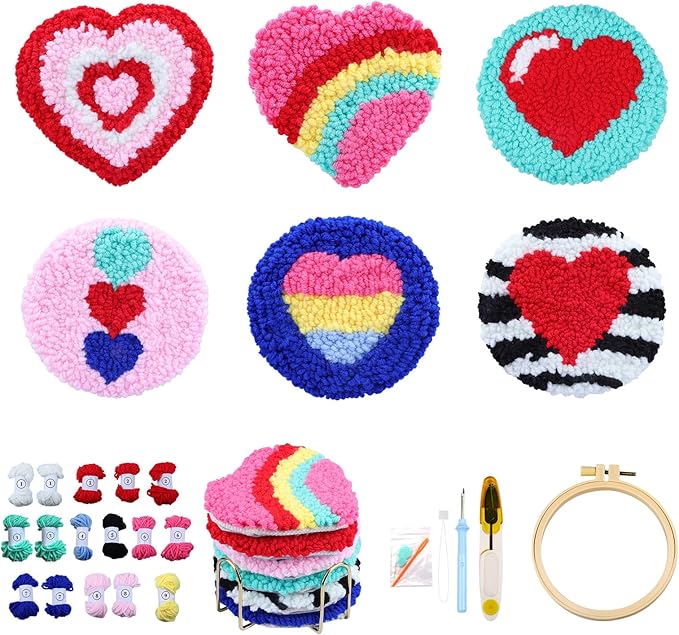 AIRDEA Punch Needle Drink Coasters Kit,Casual Punch Needle Embroidery Complete Kits for Beginner 3.29x3.29 Inches,Included All Accessories,DIY Car Coasters (Purple Pink)