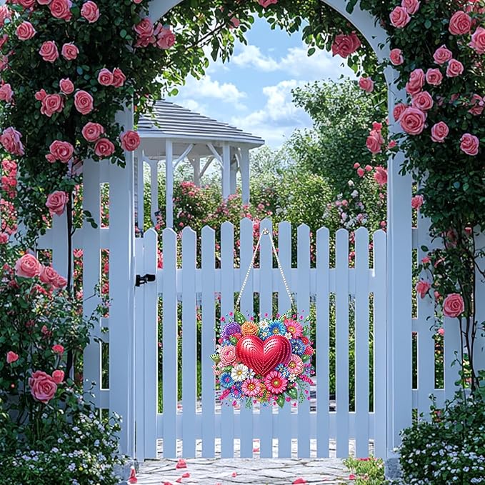 Valentine's Day Diamond Art Hanging Ornaments Kits for Adults, Heart Flower Diamond Painting Pendant Kits, DIY Acrylic 5D Special Shaped Crystal Gem Art Painting Ornament for Home Wall Decor Gift
