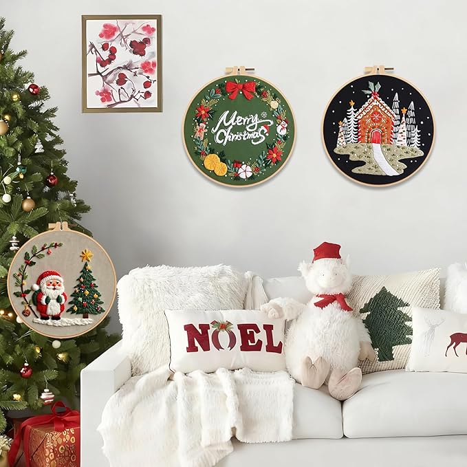 Meyocky Christmas Embroidery Kit, 3 Set Beginner Embroidery Kit for Adults Starter,Cross Stitch Kits Hand Needlepoint DIY Christmas Craft with Pattern Hoop Needles Threads Tools 7.8 Inch