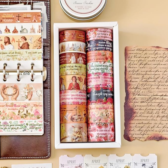 Christian Washi Tape, 16 Rolls Aesthetic Colored Decorative Cute Scrapbook Tape for Scrapbooking Supplies Journaling Craft Junk Journal