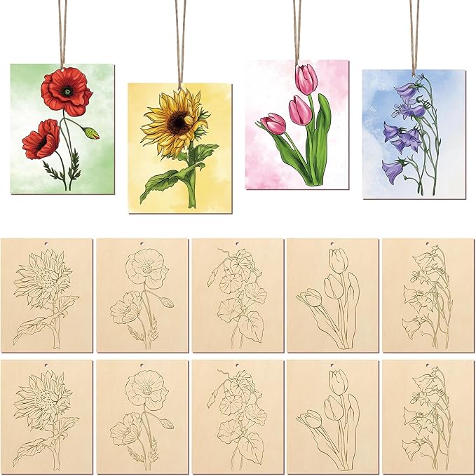 COCHIE 10 Pieces Large Flowers Unfinished Wood Crafts to Paint for Adults, Bulk Predrilled Wooden Ornaments for Painting, Tulips Flower Paintable Wood Slices Craft Supplies with Ropes