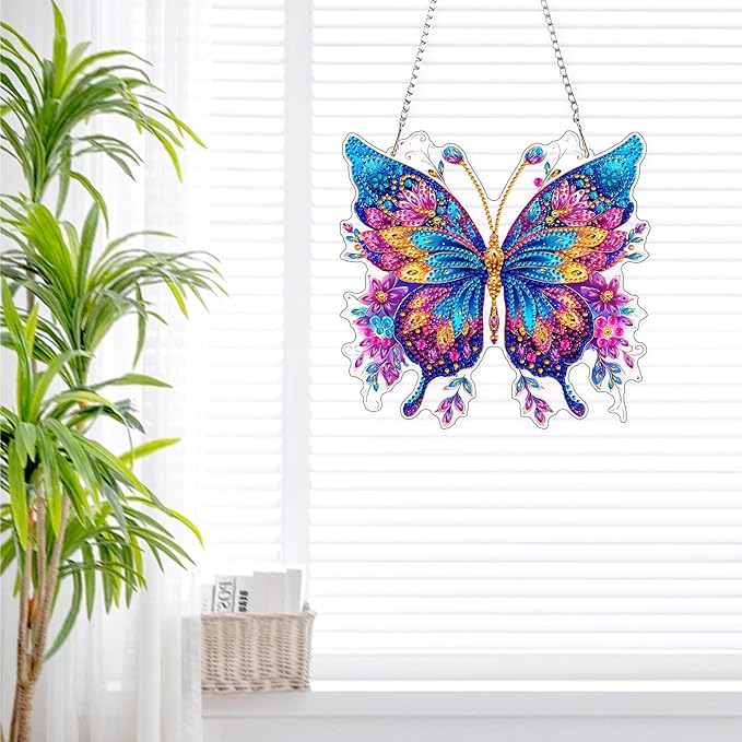 Lxmsja DIY Butterfly Diamond Painting Hanging Ornament, Double-Sided Acrylic Glitter Flowers Diamond Art Kit, Special Shaped Suncatcher Hanging Pendant Window Art Kit 8x8 inch