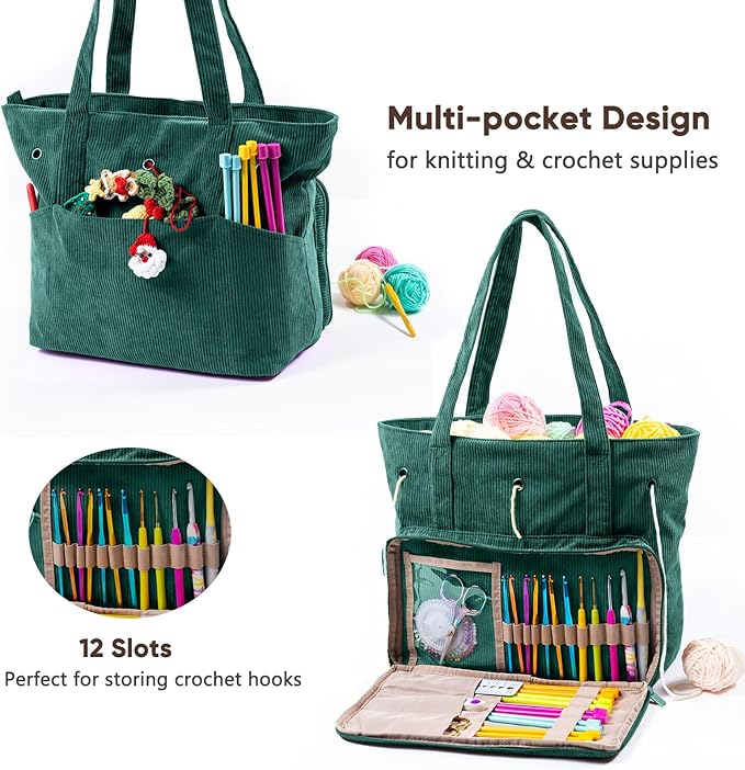 Large Yarn Tote Organizer – Corduroy Knitting Storage Holder for Yarn, Hooks & Accessories, Portable Craft Carryall for Crocheting Lovers, Mother’s Day Gift