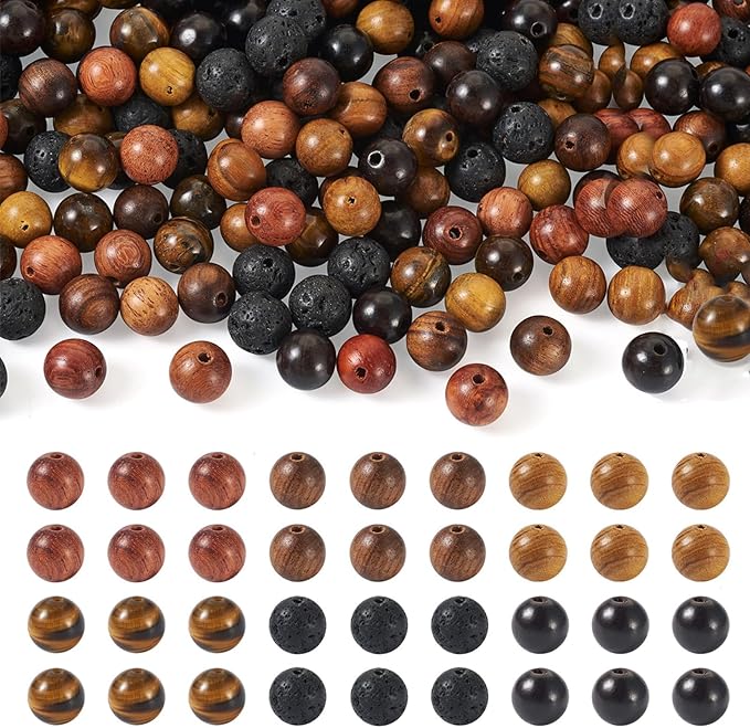 KISSITTY 300Pcs 6 Style Natural Wood Round Gemstone Beads Kit for Easter 8mm Lava Rock Bead & Grade AB Tiger Eye Wood Bead Natural Polished Wooden Ball Loose Beads for Men Bracelet Jewelry Making