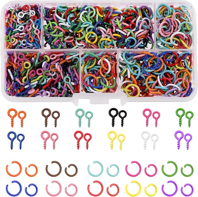 1200Pcs 2 Sizes Colorful Mini Screw Eye Pins and Open Jump Rings Kit Eye Pins Hooks Eyelet Threads Eye Screws Clasps Colored Jump Rings for Bracelet Jewelry Making (10x5mm, 8x4mm)