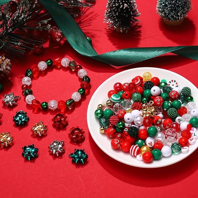 NVENF 600PCS+ Christmas Beads Charms for Jewelry Making, Metallic Christmas Bow Charms, Red Green Clay Beads, Assorted Rhinestone CCB Beads Gold Spacer Beads for DIY Bracelet Necklace Crafts