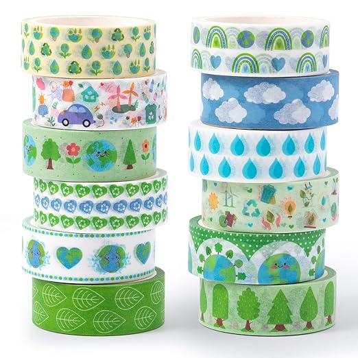 Earth Day Washi Tape - 12 Rolls Eco-Friendly Tree Raindrop Rainbow Scrapbook Washi Masking Decorative DIY Crafts Tape Set School Office Teacher Scrapbooking Junk Journal Journaling Supplies