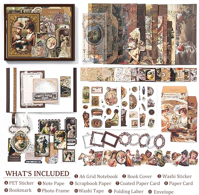Scrapbook Supplies Kit, Vintage Junk journaling Supplies, Scrapbooking Kit with Aesthetic Ephemera Stickers, Stationary Set, Bullet Journaling Kit, Collage Craft Supplies Gift for Adults Women Starter