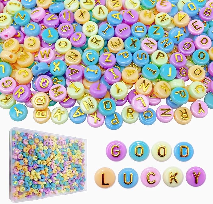 Amaney 500pcs Big Letter Beads Colorful Macaroon10x6mm Gold Letter Round Flat Beads for DIY Bracelet Making