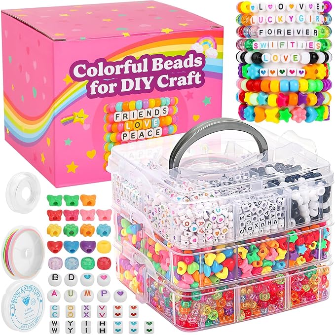 shynek 3800 Pony Beads: Bulk for Bracelets, Hair Braids & Craft - Colorful Plastic, Kandi, Star & Letter Beads for Jewelry Making