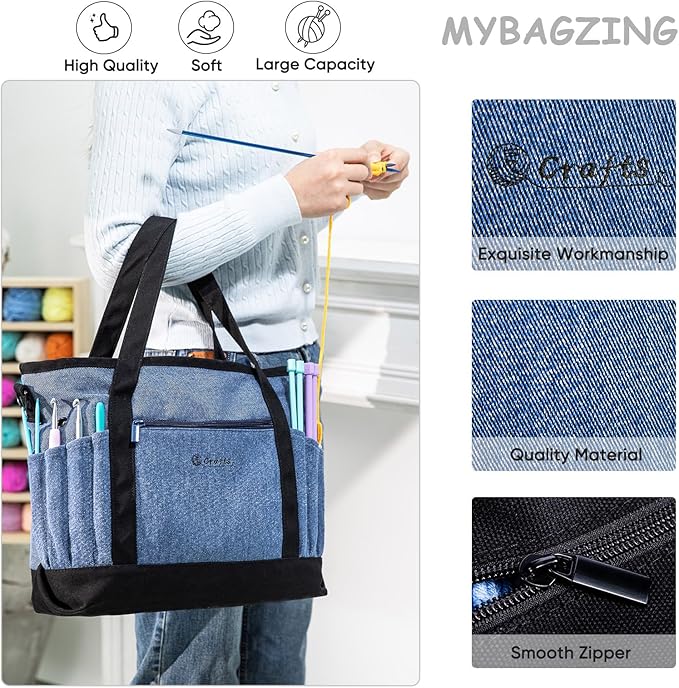 Canvas Yarn Storage Organizer Bag Washable Crochet Bag with Pockets for Yarn, Hooks, Needles – Travel Knitting Tote for Crafters – Gift for Crocheters & Knitters (Medium/Large)