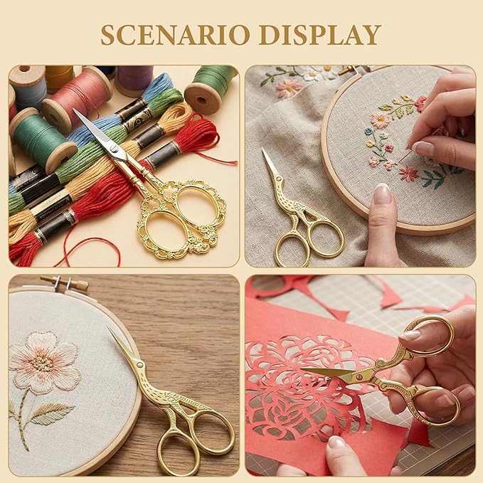 3 PCS Small Sharp Embroidery Scissors, Gold Stork Needlepoint Thread Snips with Cover, Yarn Scissors for Crocheting & Sewing