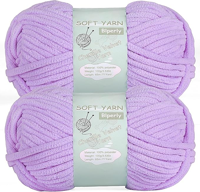 Chunky Chenille Yarn Velvet Soft Super Bulky Size 6 for Crocheting Knitting, Baby Blanket Yarn, 100g 71 Yds per Skein, Easy to Use for Scarves, Amigurumi, Crafts (2, Light Purple)
