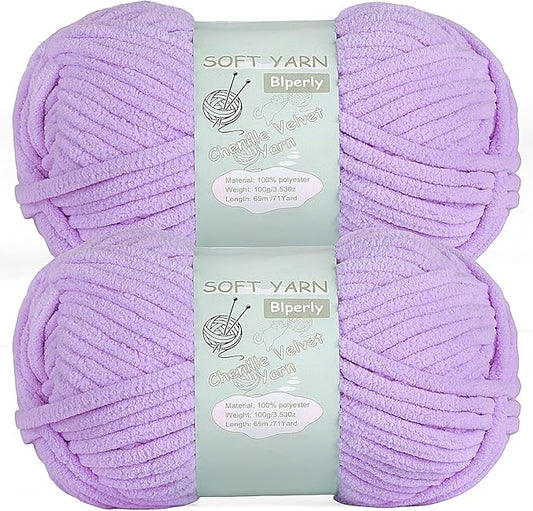Chunky Chenille Yarn Velvet Soft Super Bulky Size 6 for Crocheting Knitting, Baby Blanket Yarn, 100g 71 Yds per Skein, Easy to Use for Scarves, Amigurumi, Crafts (2, Light Purple)