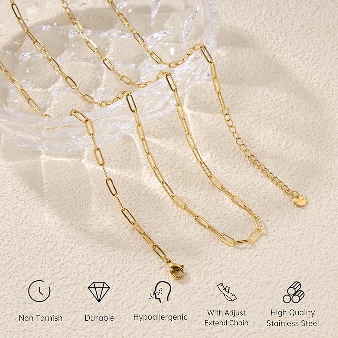 GTVOODX 10 Pack Bulk Necklace Chains for Women 16 Inch 18k Pvd Gold Paperclip Stainless Steel Charm Chain for DIY Jewelry Making