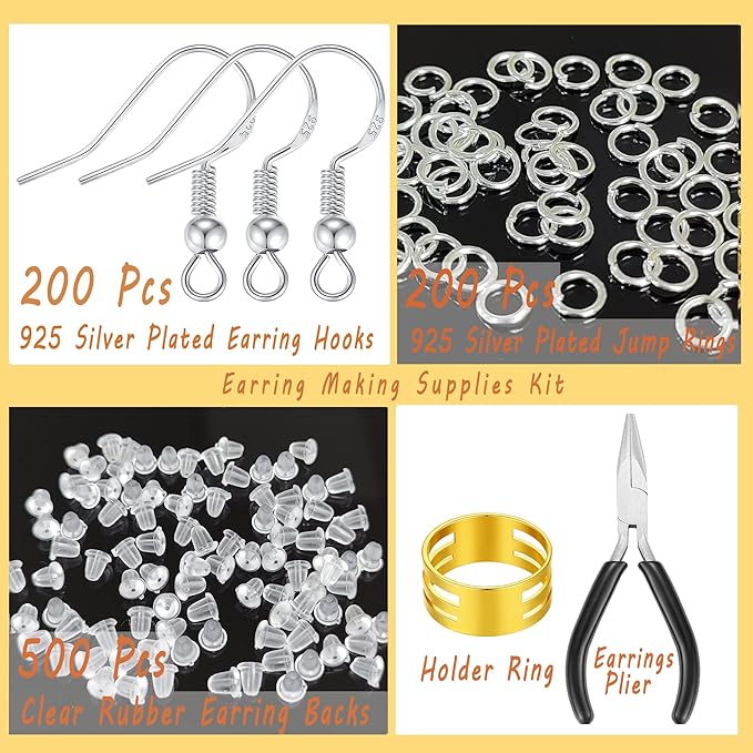 MAIBAOTA Hypoallergenic 925 Silver Plated Earring Hooks for Jewelry Making, 602 Pcs Earring Kits, Jump Rings, Earring Findings, Rubber Earring Backs, DIY Jewelry Making Supplies Kit