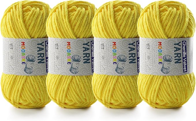 4 Pac Chenille Yarn for Crocheting - Blanket Yarn for Crocheting - Fluffy Yarn for Crochet, Baby Yarn for Crocheting Soft Blankets Weight Per Roll 50g/1.76oz, Length 60m/65yard (Yellow)