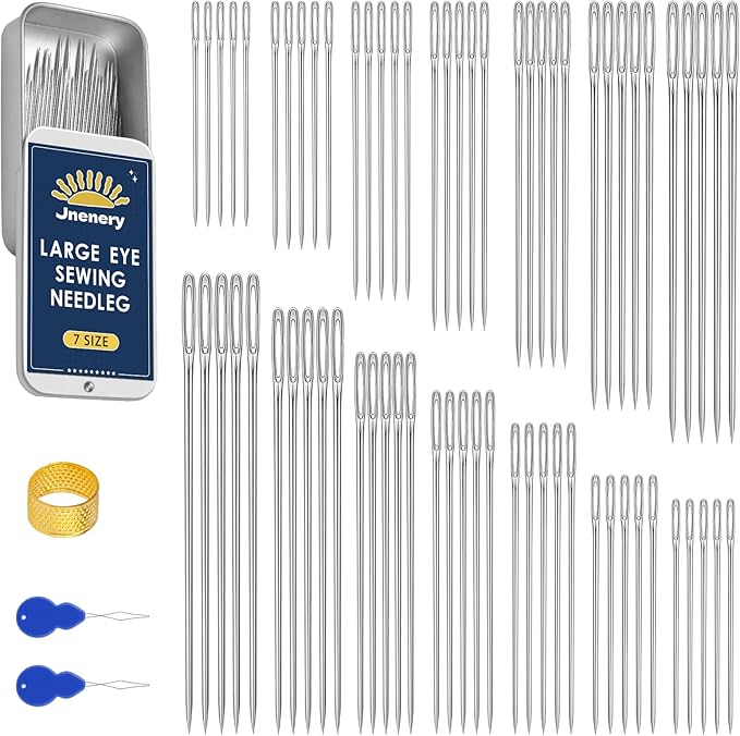 70 Pcs Hand Sewing Needles, 7 Size Large Eye Sewing Sharp Needles, Leather Embroidery Thread Needle, Stainless Steel Yarn Knitting Needle with Threader, Thimble for Repair, Quilting