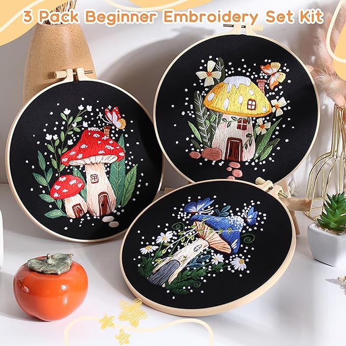 useamie 3 pack embroidery kit with botanical and floral classic prints, embroidery fabric, needle and thread, adult starter needlepoint embroidery kits