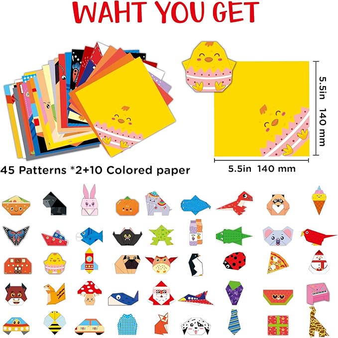 Origami Paper origami for Kids 5-8, foldology for kids100 Sheets Folding Paper (45Patterns×2+10Blank) with clear Guiding Book, Animals Dinosaur Art Activity DIY Craft Set Gifts