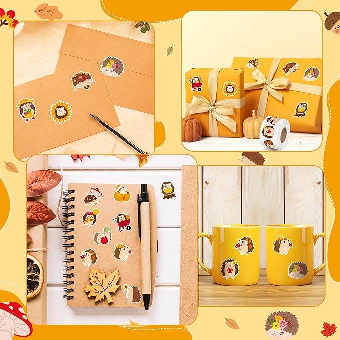 beyumi fall cute hedgehog sticker - 1000pcs fall hedgehog stickers in 2 rolls autumn thanksgiving adhesive kawaii animal decals fall holiday party favor supplies classroom office bottle decor for kids