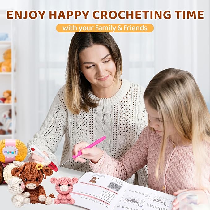 Mewaii Beginner Crochet Kit with 40% Extra Yarn, Pre-Started Yarn & Video Tutorials - 3 Highland Cows Craft Set for Adults & Kids