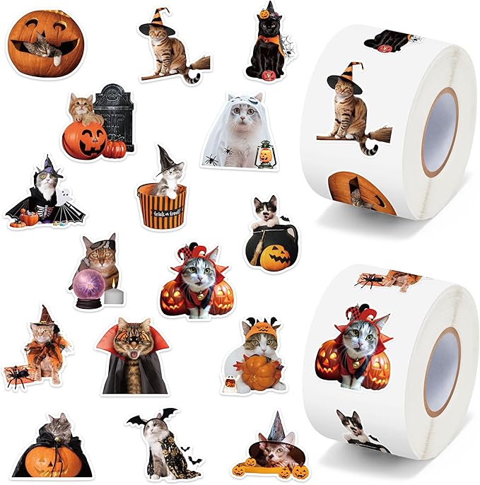 h1vojoxo halloween cat stickers roll - 1000pcs halloween cat dress up stickers in 2 rolls 16 designs pumpkin cats self-adhesive sticker for kids craft envelope water bottle scrapbook party supplies